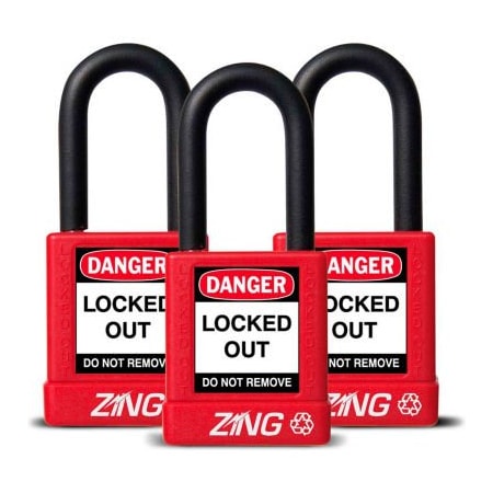 Zing ZING RecycLock Safety Padlock, Keyed Alike, 1-1/2" Shackle, 1-3/4" Body, Red, 3 Pack, 7062 7062